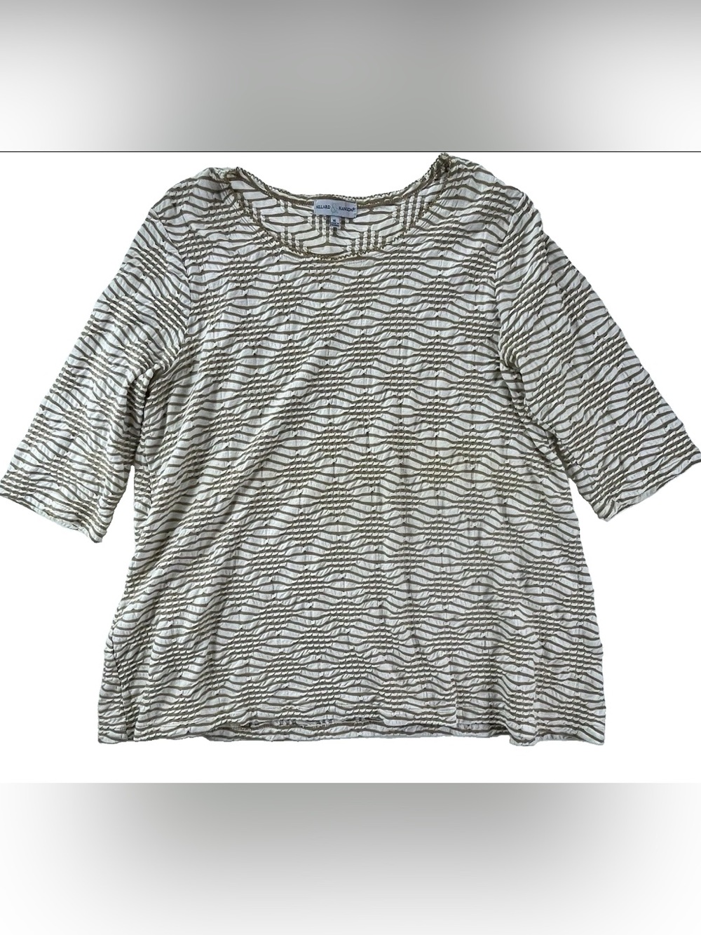Hillard & Hanson Vintage Women XL Blouse Cream Tan Textured Wavy Stripe 3/4 Slv
